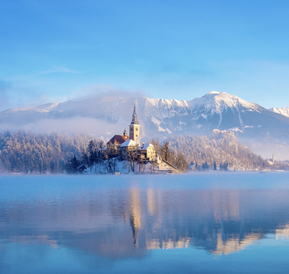 Bled misty winter lake